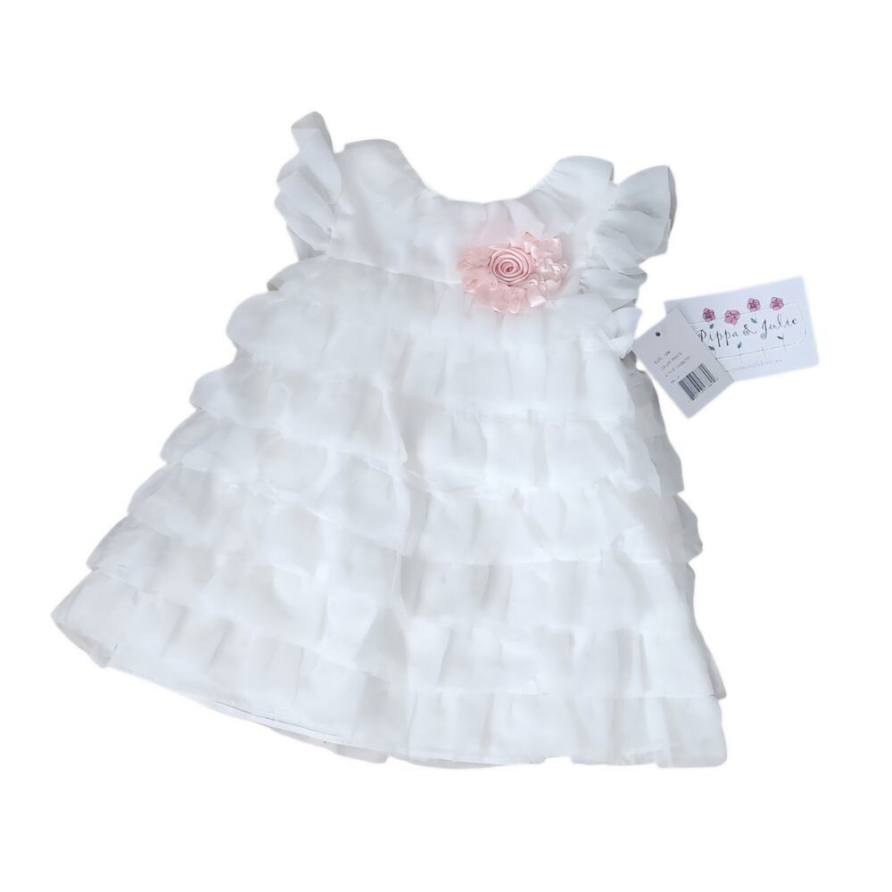 Pippa & Julie Tiered Ruffle Dress White Size 12 Months Pink Flower Appliqué.